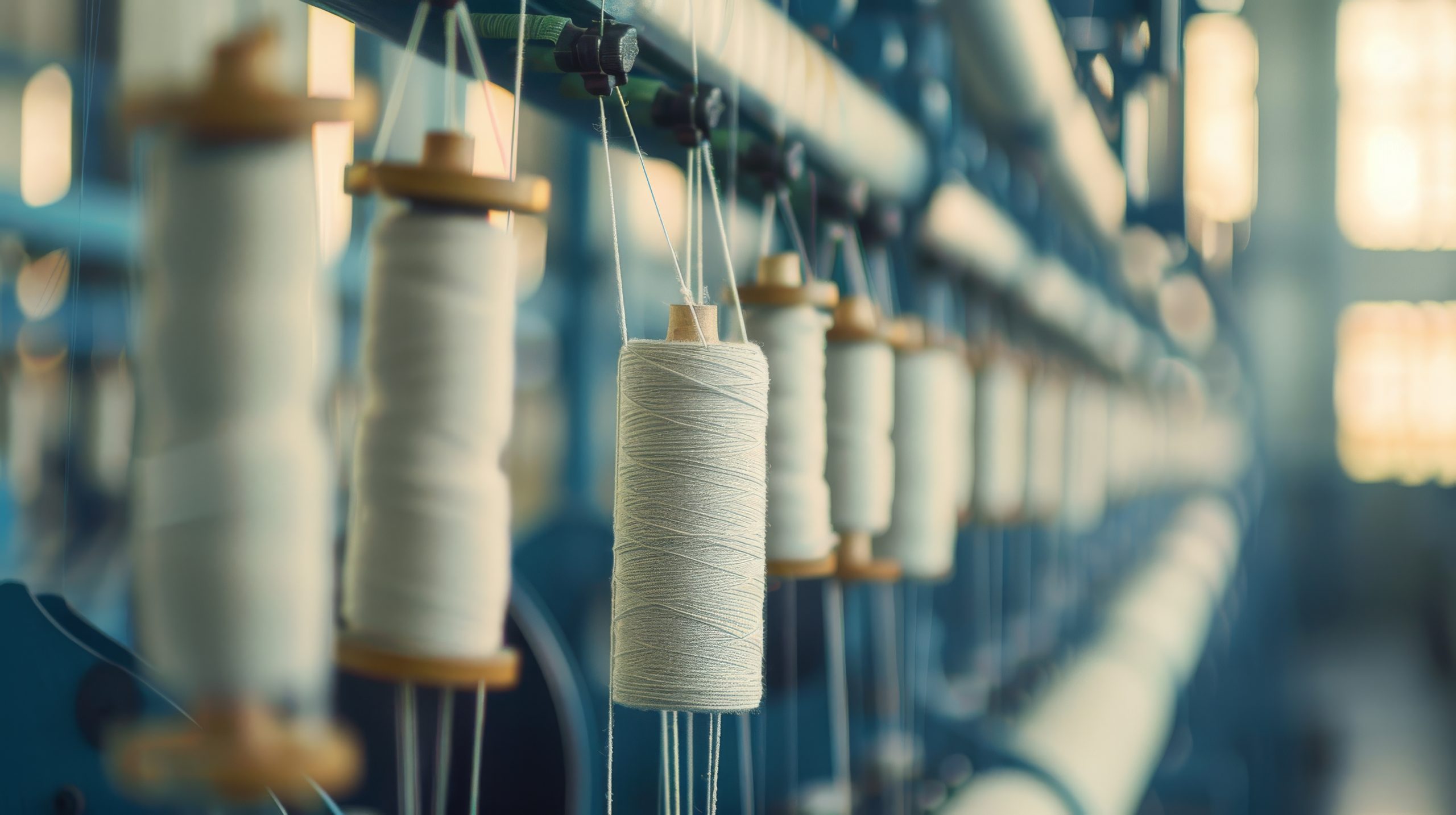 Close-up of spools of white thread on a spinning machine in a textile factory, suggesting industriousness and precision.